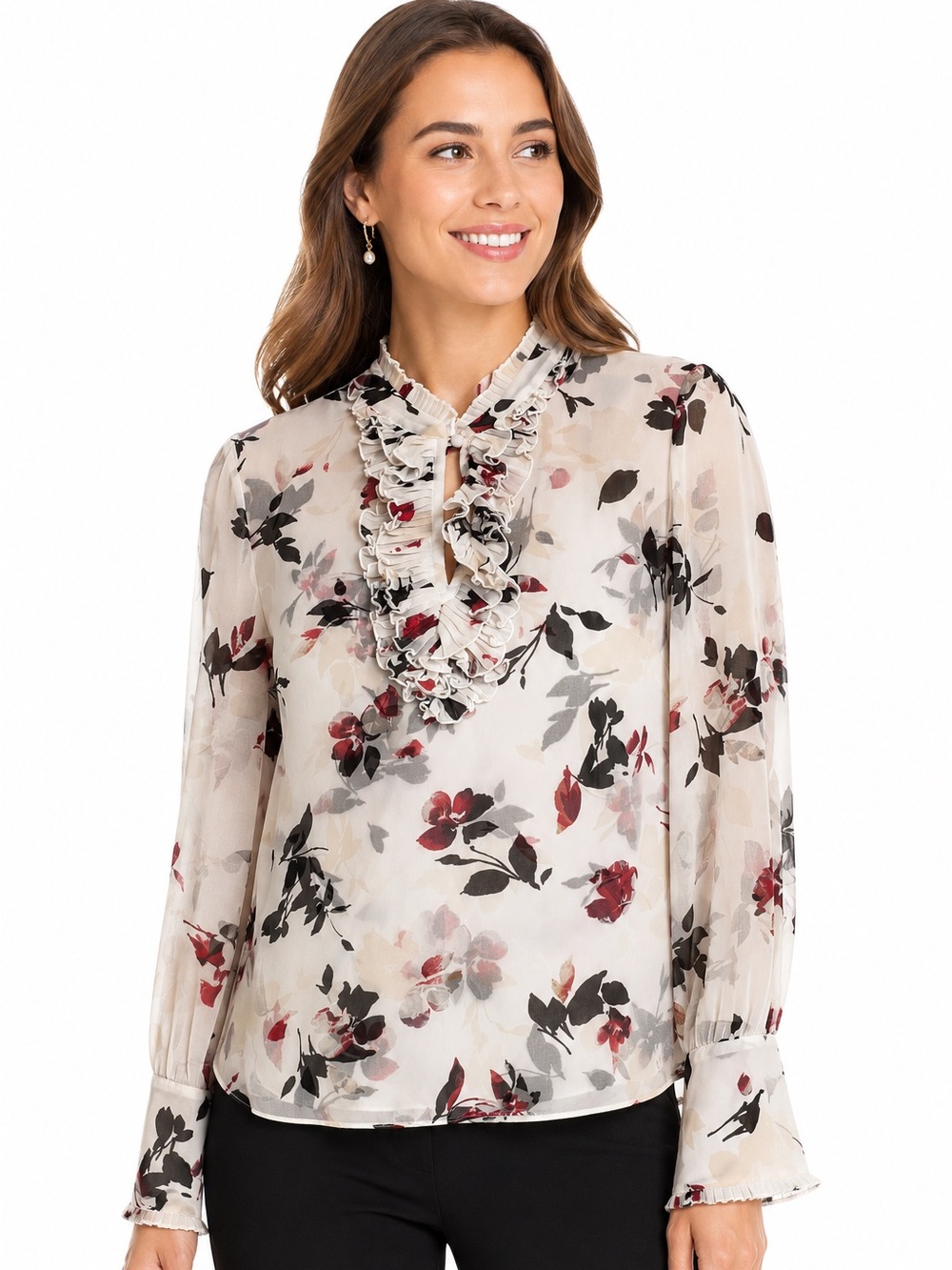 White House Black Market silky floral feminine sheer lined ruffle neck blouse 6